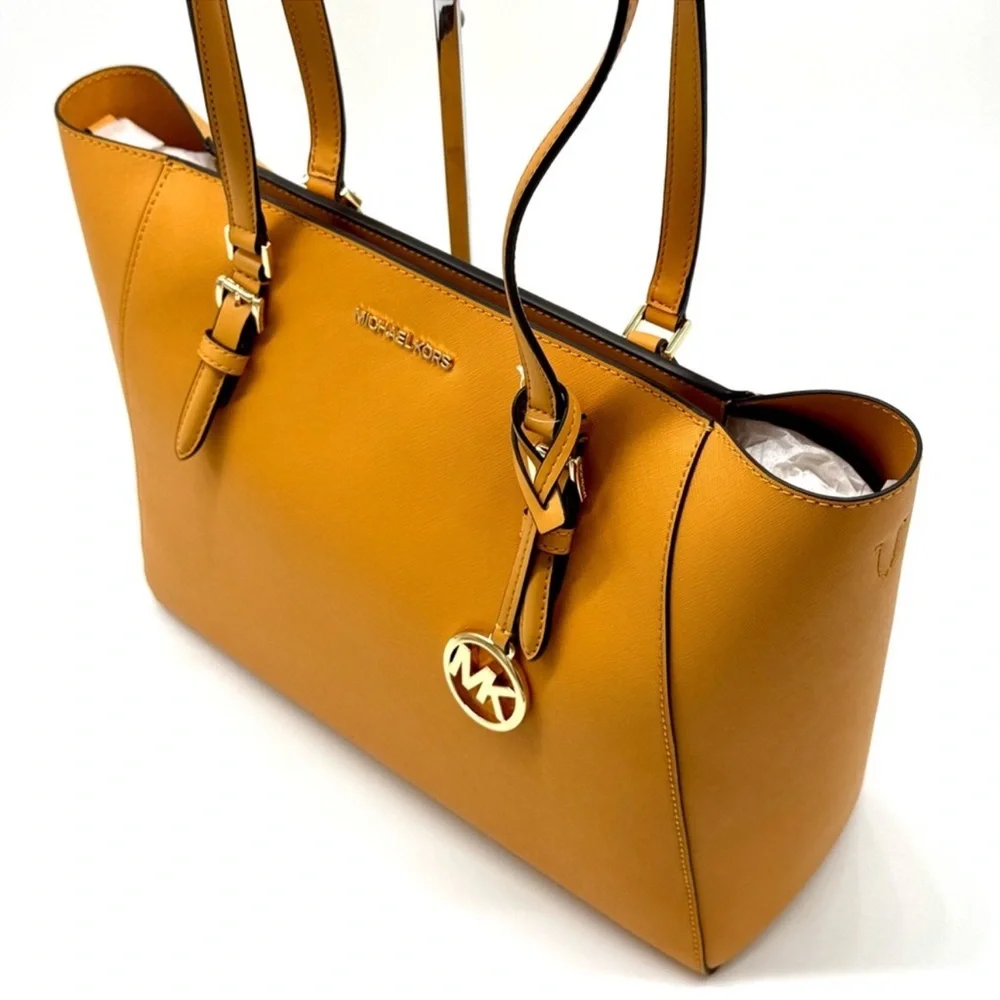 Michael Kors Charlotte LG Tote Bag 3 IN 1 Leather Tote Bag & Bifold Wallet Cider